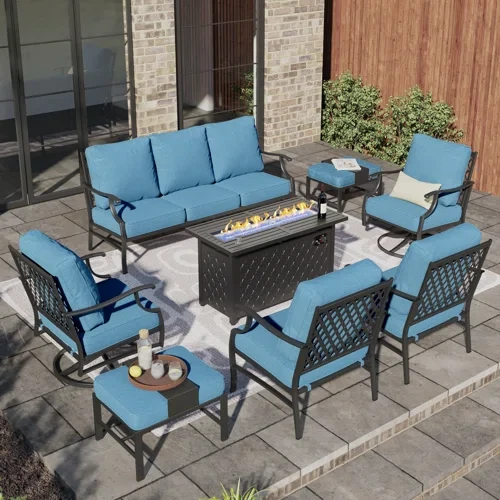 Akadian 9 - Person Patio Conversation Set with 2 Swivel Lounge Chairs & Firepit Table