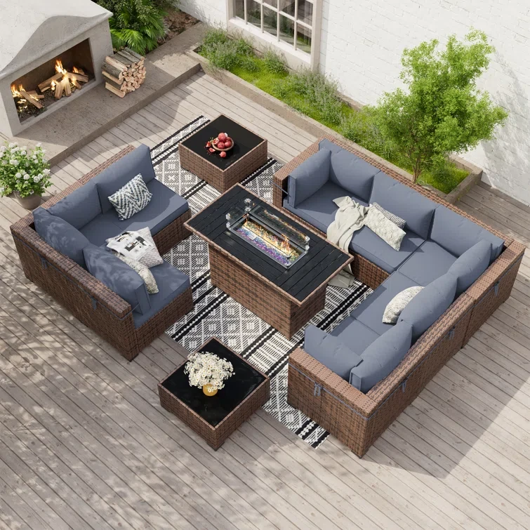 Mecayla 8-Person Rattan Wicker Set with Fire Pit Table