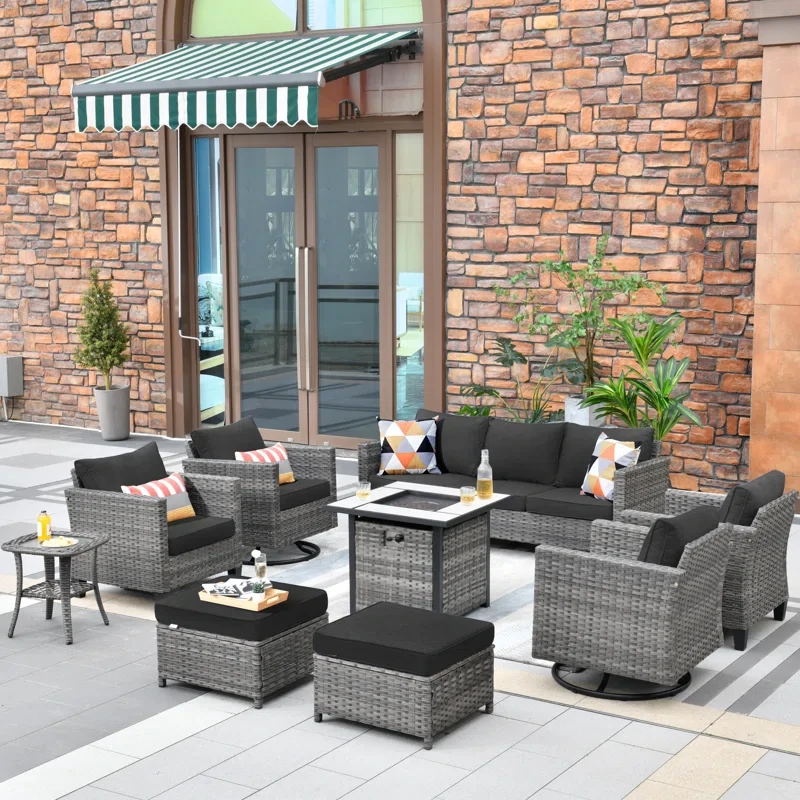 Harbin 7-Person Wicker/Rattan Patio Conversation Set With Cushions With Fire Pit