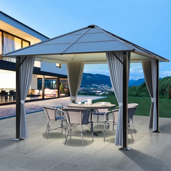 Patio Hardtop Steel Gazebo with Polycarbonate Roof, Curtains and Netting