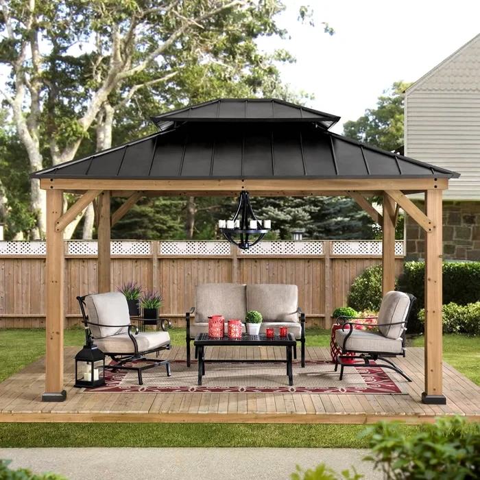 Sunjoy Archwood Patio Cedar Framed Steel Hardtop Gazebo 9.58 ft. H x 8 ft. W x 8 ft. D