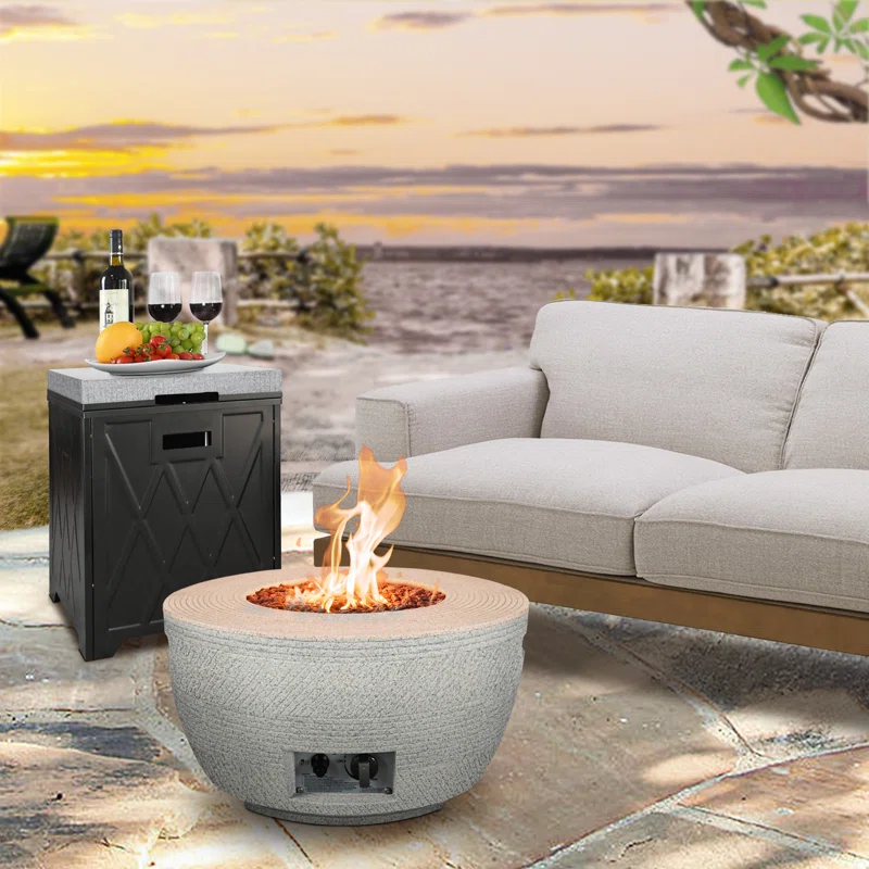 Latitude Run® 25" W Propane Fire Table With Assemblable Tank Cover, 50,000 BTU Texture Finish Concrete Fire Pit Table Set For Outdoor Patio, Round Smokeless Gas Fire Pit With Waterproof Cover Biondo