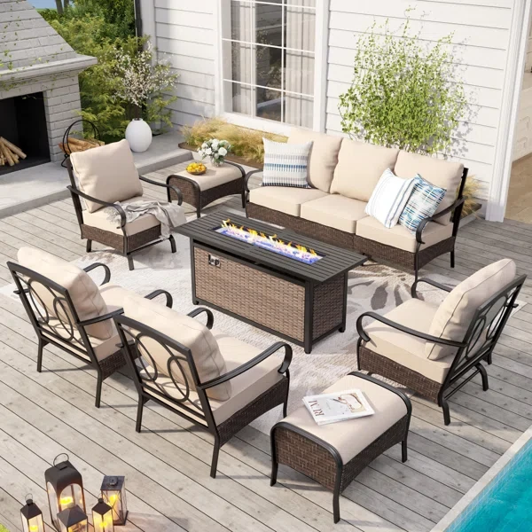 Argyri 9 - Person Outdoor Seating Group with Cushions and Firepit table