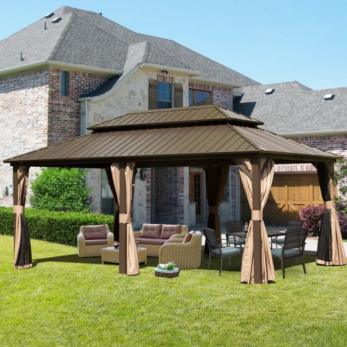 18 Ft. W x 12 Ft. W Galvanized Steel Patio Gazebo with Overhang Slope-design Double Roof