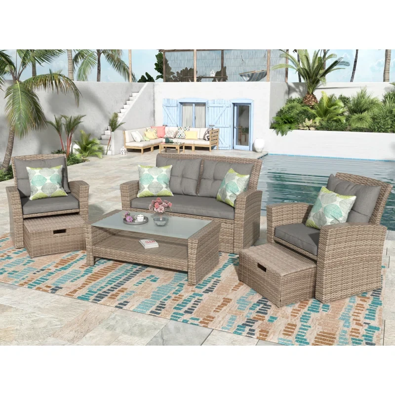 4 Piece Outdoor Conversation Set All Weather Wicker Sectional Sofa With Ottoman And Cushions