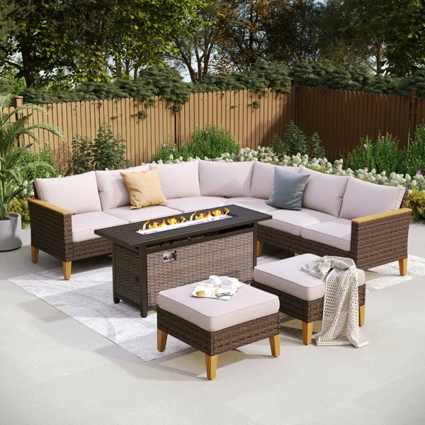 Argyri Wicker Outdoor Patio Conversation Furniture Sectional Set with Fire Pit Table