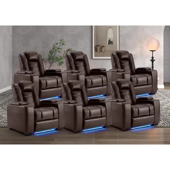 Valdur Adjustable Headrest Power Recliner Man Cave Home Theater Chair With Cup Holders USB LED (Set Of 6)