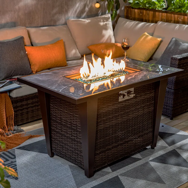 Beth 42'' Propane Fire Pit Table 50,000 BTU with Marble Tabletop, Wicker Base and Glass Wind Guard