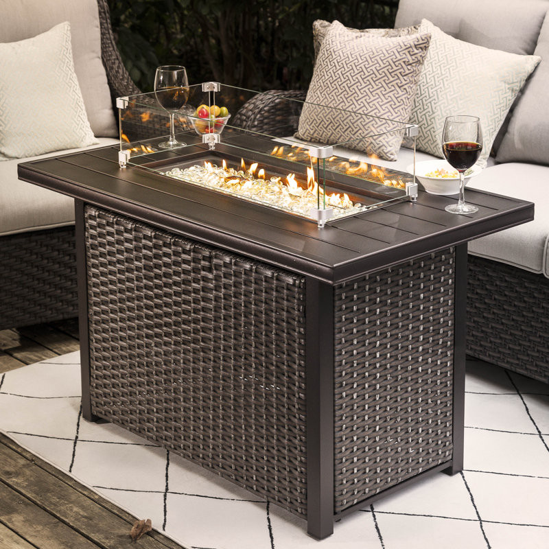 Brandie Outdoor 43-inch 50,000 BTU Rattan Propane Gas Fire Pit Table with Wind Guard, Aluminum Tabletop