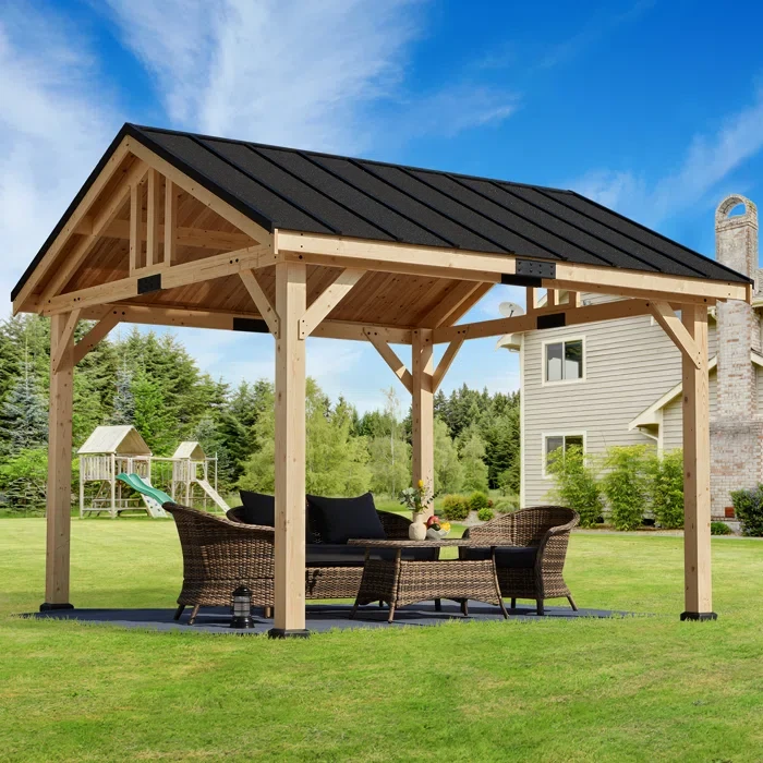 11X12 Ft Hardtop Gazebo, Spruce Wood Solid Wood Gazebo, Waterproof Asphalt Roof, For Patio, Lawn, Garden, Easy Installation