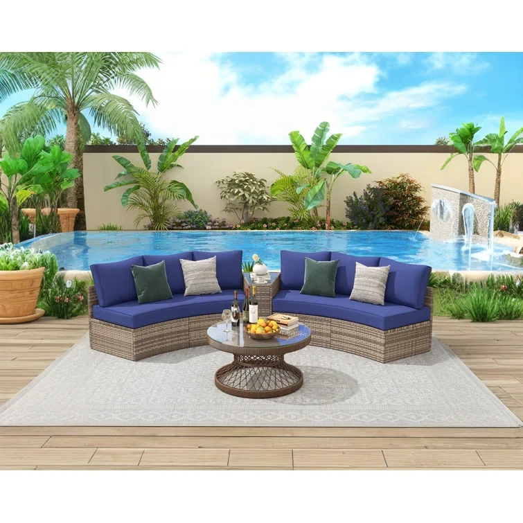 Leiny Patio Conversation Set, 7 Piece Half-moon Sectional Round Patio Furniture Set, With Large Storage Wedge Table Wicker Sofa Set, For Backyard Patio Garden