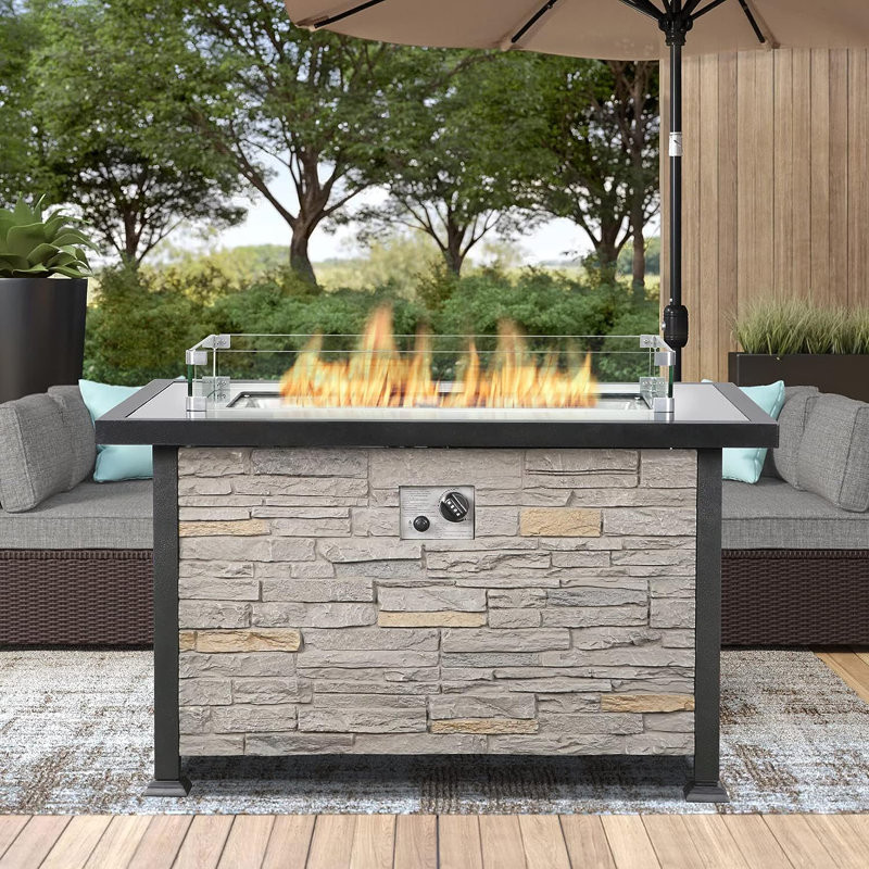 Flonard 24.9'' H x 43.3'' W Stone Propane Outdoor Fire Pit Table with Lid