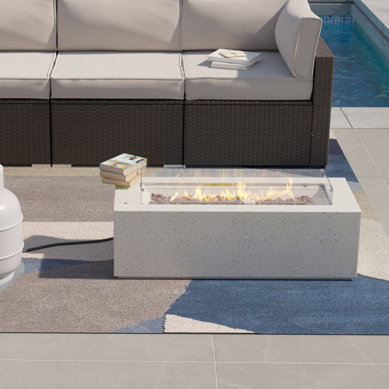 Wrought Studio™ Outdoor 42 Inch Propane Fire Pit Table, Rectangular Fire Table W Wind Guard, 50,000 Btu Spotted White Patio Gas Fire Table Waterproof Cover, Lava Rocks