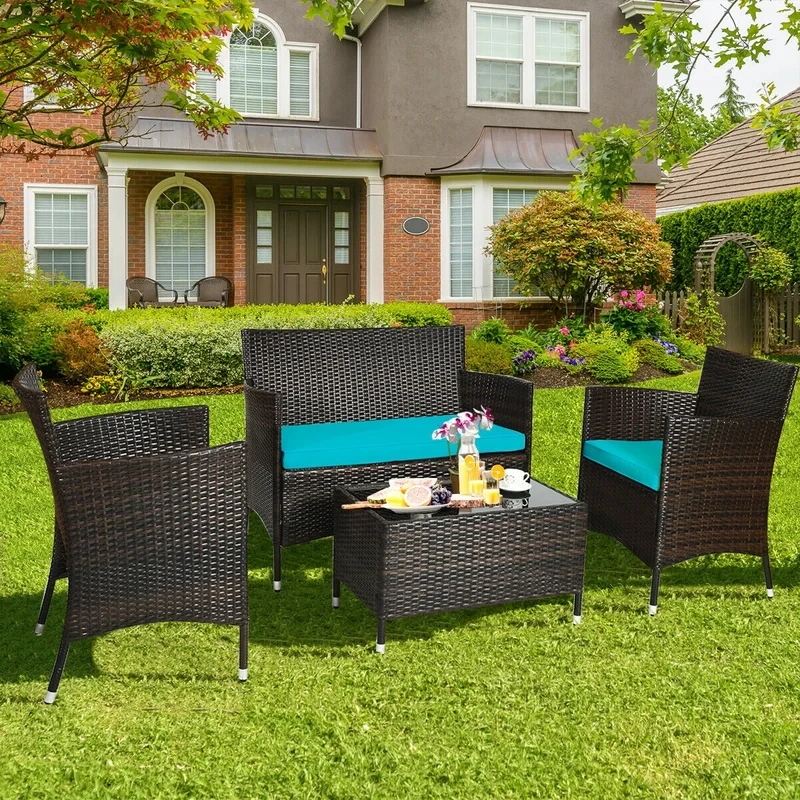 Nealey 4 Pieces Outdoor Rattan Sofa Seating Group with Glass Coffee Table