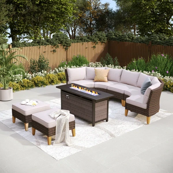 Argyri 7 Piece Wicker Outdoor Patio Conversation Furniture Sectional Set with Fire Pit Table