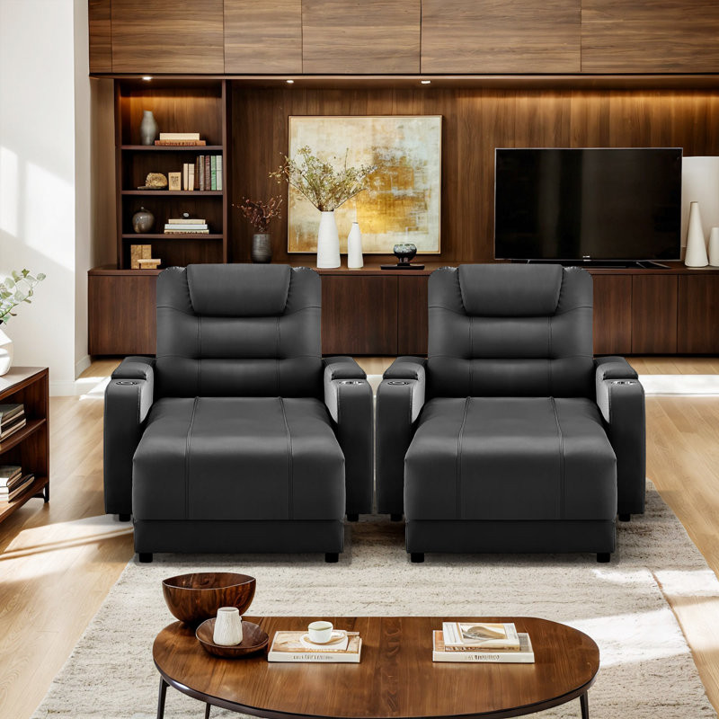 Modern Electric Power Breathable Faux Leather Reclining Home Theater Seating With Adjustable Backrests, Wireless Charging, And Cup Holder (Set Of 2)