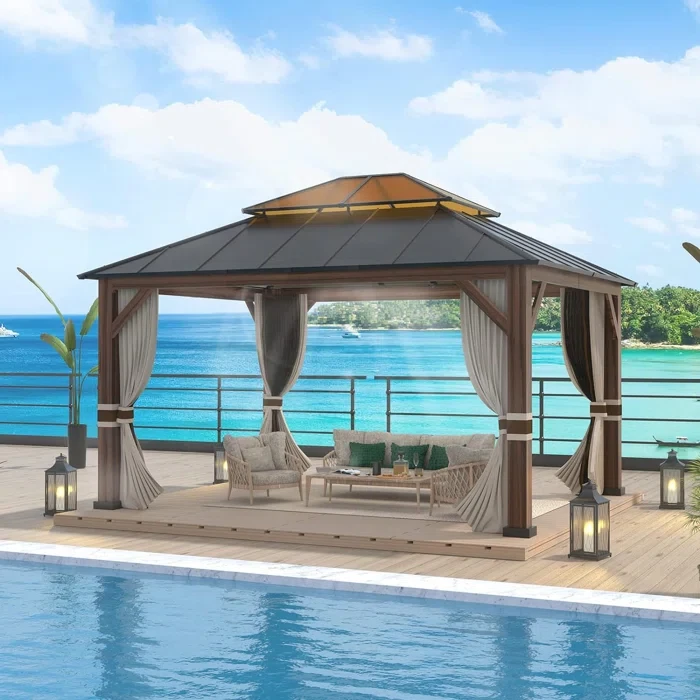 OLILAWN 12 Ft. W x 14 Ft. D Aluminum Patio Hardtop Gazebo, Translucent Sun Protection Double Top