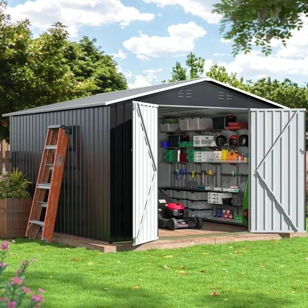 80.3" H x 119.3" W x 96.9" D Outdoor Metal Storage Shed with Updated Frame Structure and Lockable Doors