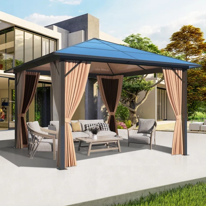 Outdoor Polycarbonate Hardtop Gazebo - Aluminum Frame with Breathable Nettings & Private Curtains