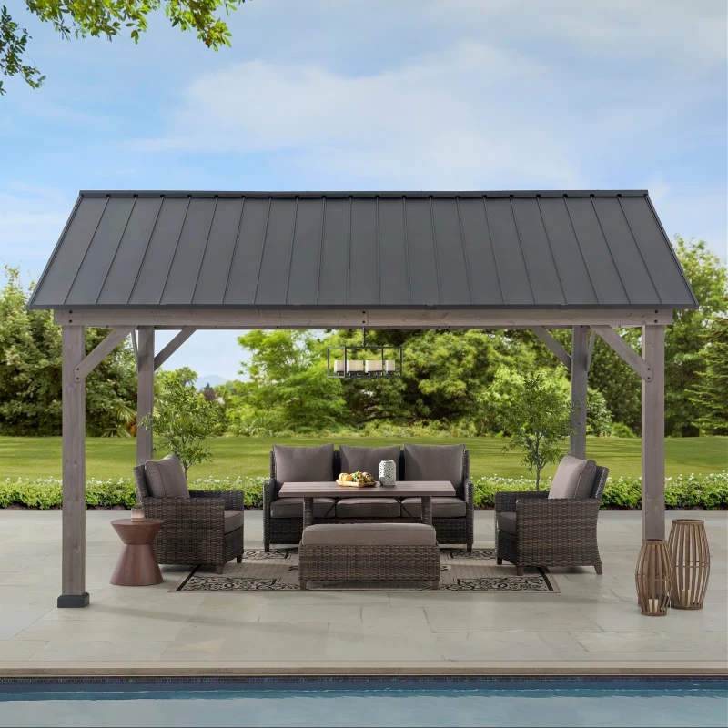 Sunjoy 13 ft. x 15 ft. Cedar Framed Gazebo with Matte-Black Steel Gable Roof Hardto