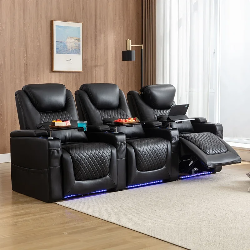 Home Theater Seating Seats, Theater Recliner Chair Sofa Game Movie Theater Chairs With 7 Colors Ambient Lighting, Lumbar Pillow, Side Pocket, Tray Table, Power Recline, (black, Row Of 3)