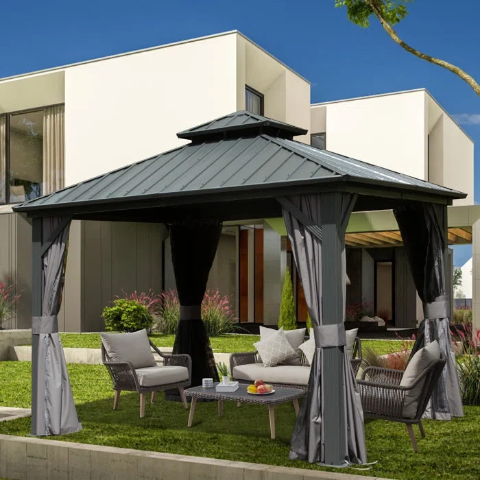 Galvanized Steel Patio Gazebo with Overhang Slope-design Double Roof Dark Gray