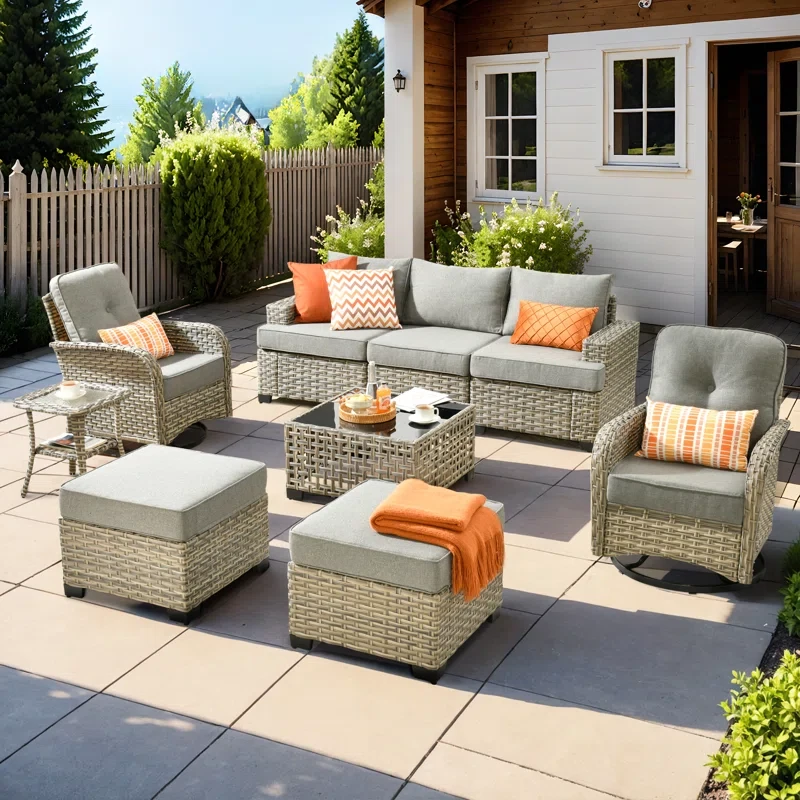 Tommy Outdoor Wicker 5 Person Seating Group With Cushions And Ottomans