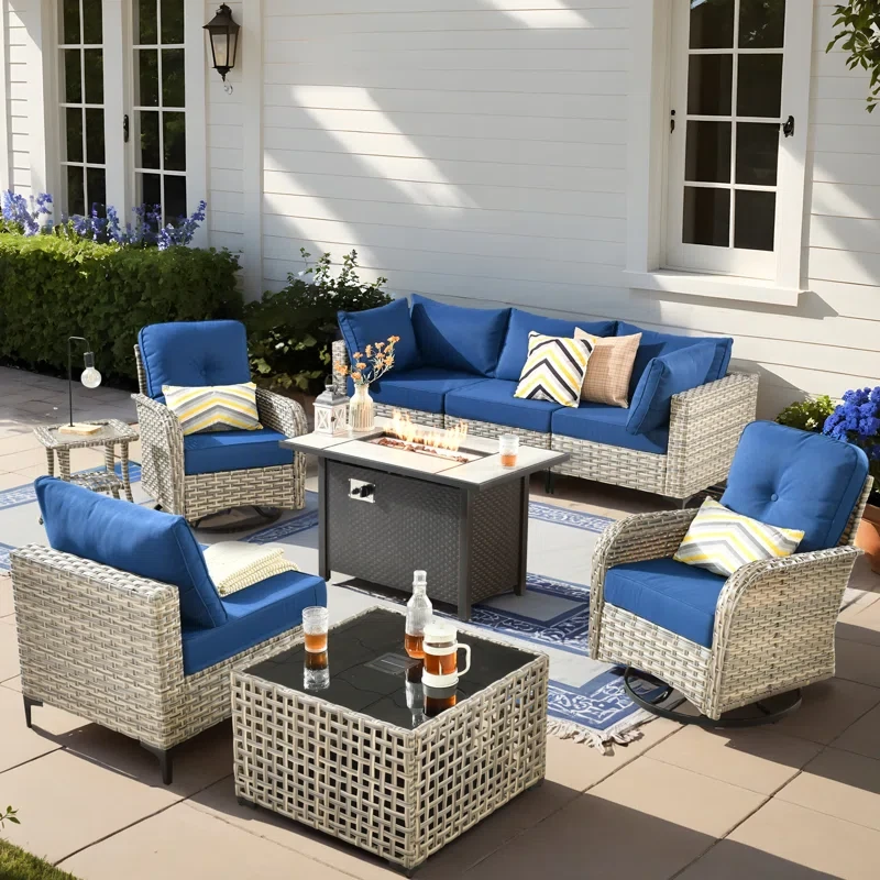 6 Seats High Quality Pe Rattan Outdoor Furniture Sofa With Rocking Chair And Stove, Can Be Freely Combined