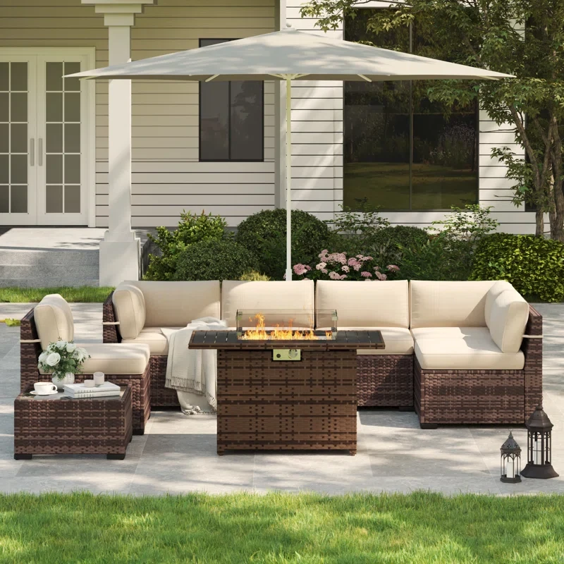 Rikuto 6 - Person Outdoor Slanted-Back Sectional Sofa With Coffee Table & Firepit