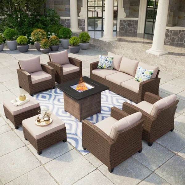 Argyri 9 - Person Outdoor Wicker Patio Conversation Furniture Set with Firepit