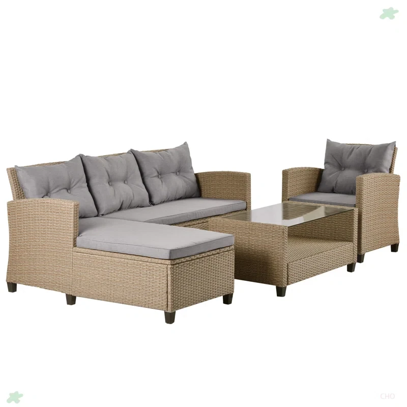 4 Piece Conversation Set Wicker Ratten Sectional Sofa With Seat Cushions