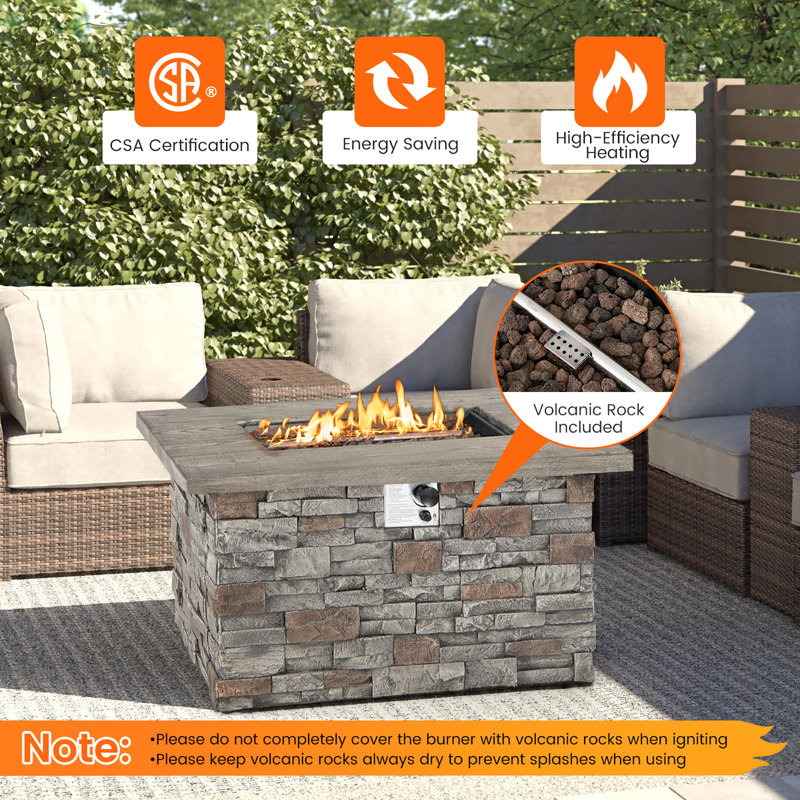 43.5'''' Rectangle Propane Gas Fire Pit Table Faux Stone W/ Lava Rock & Pvc Cover