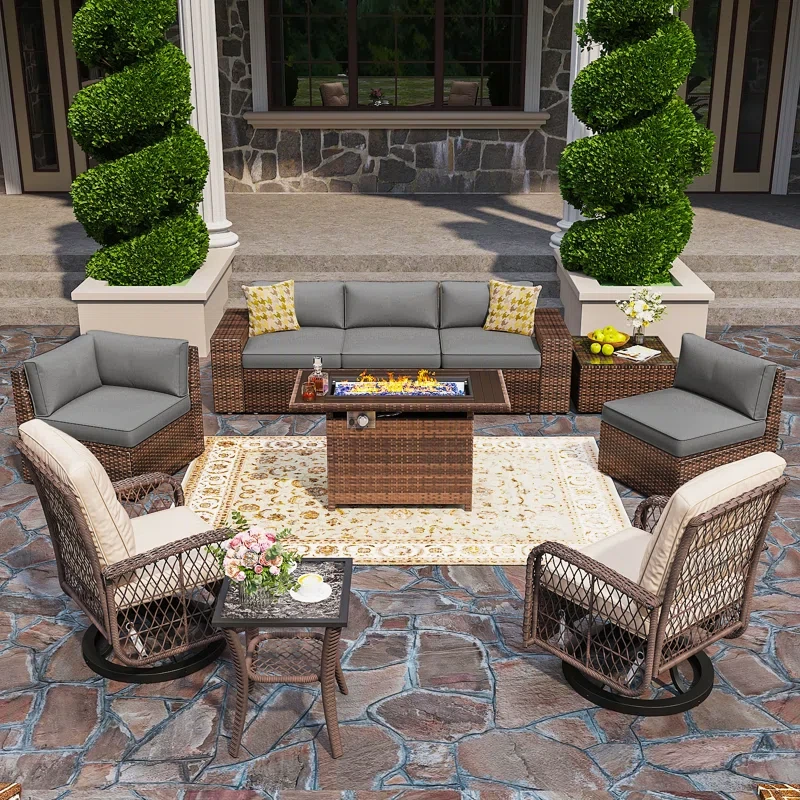 7 - Person Outdoor Seating Group with Fireplace Table