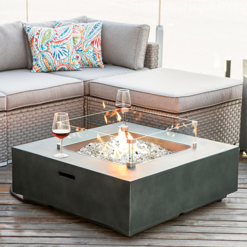 Outdoor Propane Square Fire Pit Table, Celadon Faux Stone 35-Inch Planter Base, 50,000 BTU Stainless Steel Burner, White Fire Glass And Rain Cover, Metal Lid