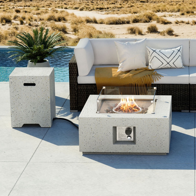 Orren Ellis 40000 BTU Square Concrete Propane Outdoor Fire Pit Table With Wind Guard, Tank Cover