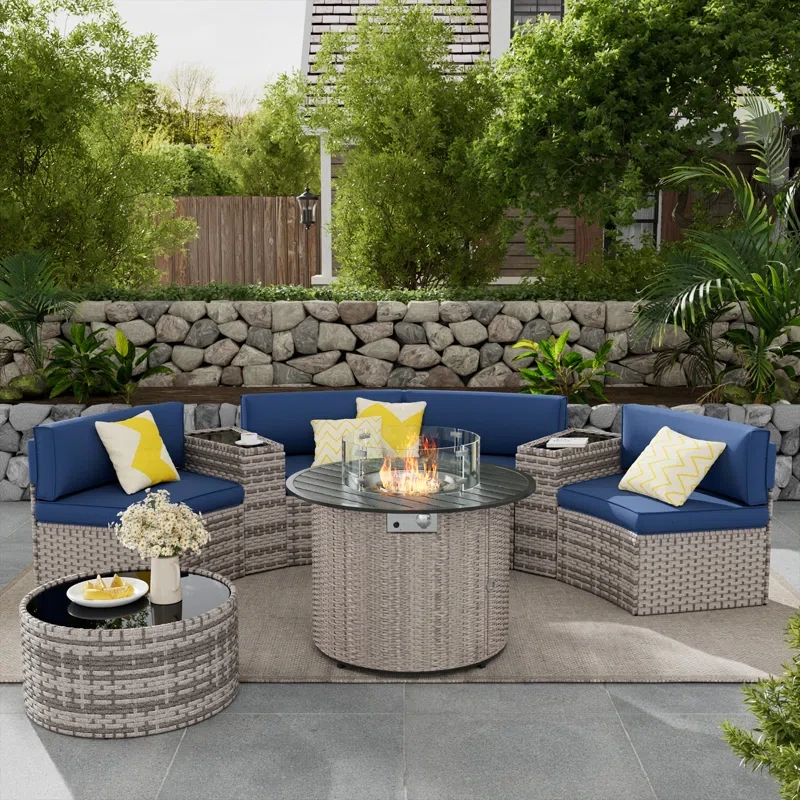 Curved Outdoor Sofa Set - Stylish Wicker with Storage Table & Firepit for Cozy Comfort 7