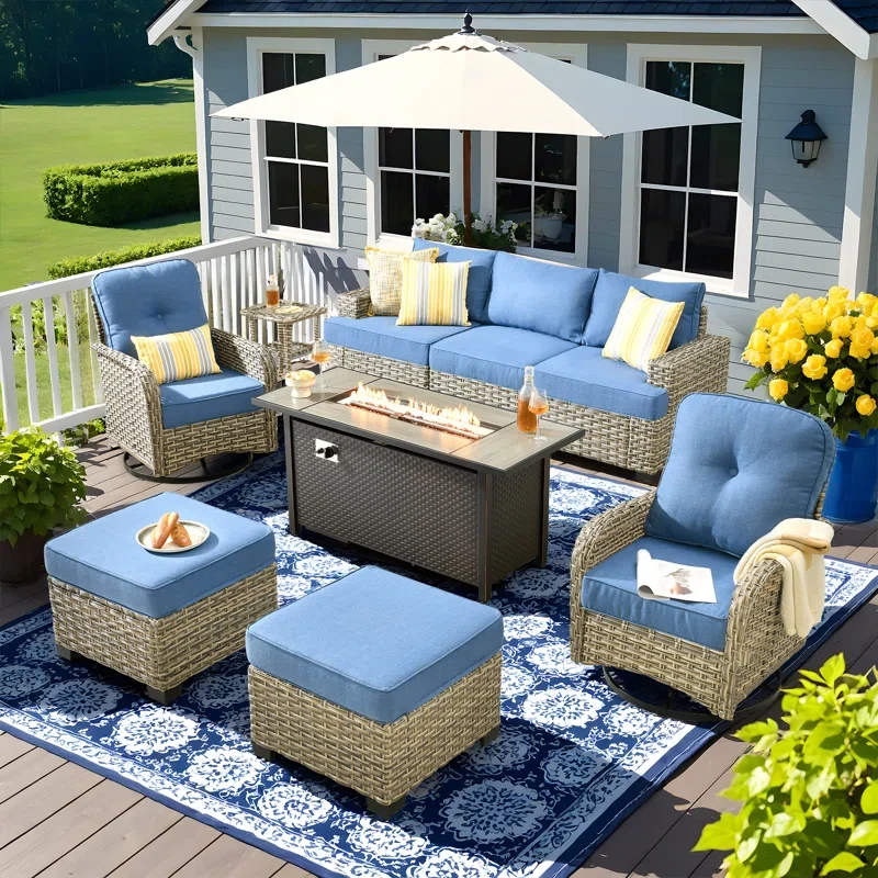 9 Piece Sofa Seating Group With Fire Pit And Cushions