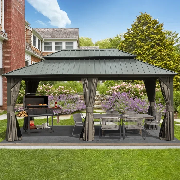 Galvanized Steel Patio Gazebo with Overhang Slope-design Double Roof Dark Gray 120" H x 213.6" W x 142.8" D