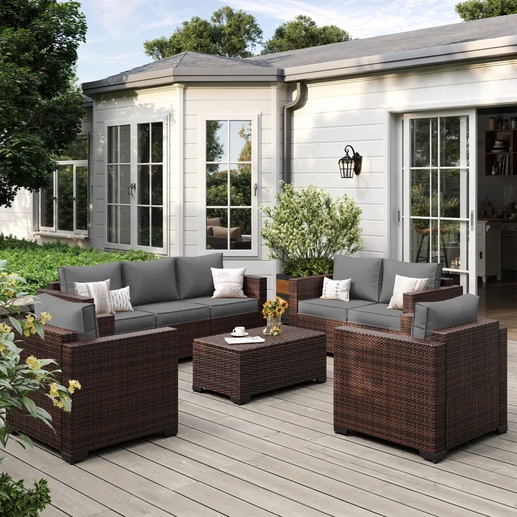 5-Pieces Wide Armrest Outdoor Sectional Rattan Conversation Set with Storage Table.