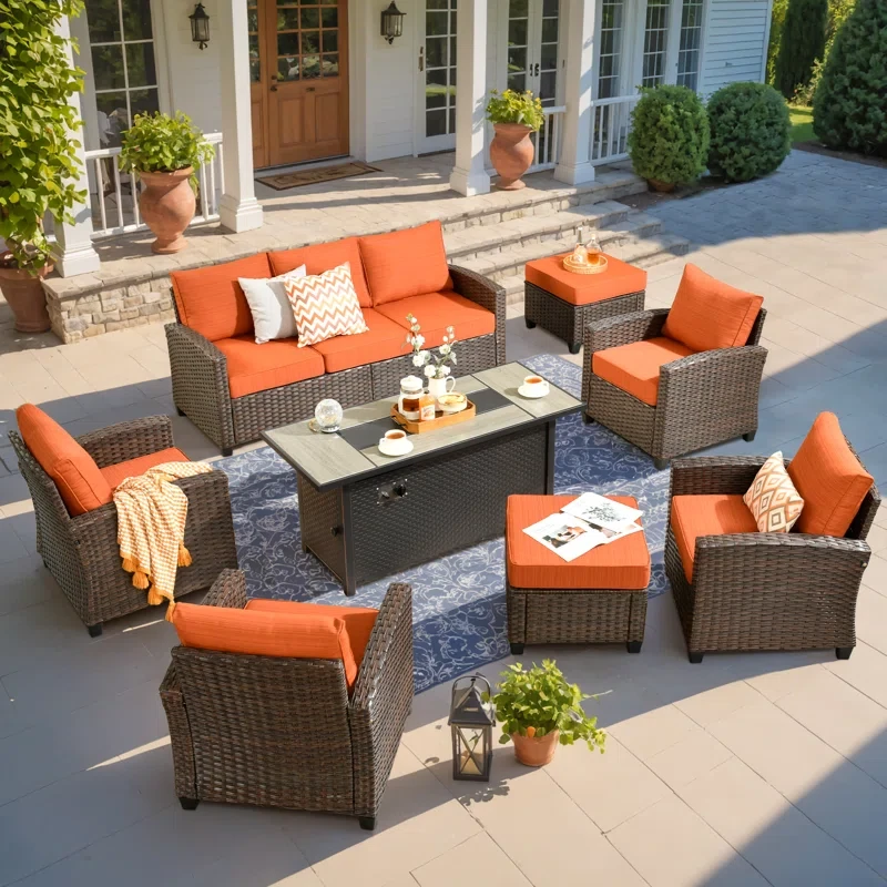 Patio Furniture Set With Firepit Table, 8 Pieces Outdoor Wicker Rattan Sofa Couch With 4 Chairs, Ottomans And Comfy Cushions, All Weather High Back Conversation Set Garden Backyard