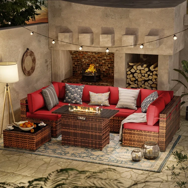 Romanas 8 Piece Patio Conversation Sets With Fire Pit Table