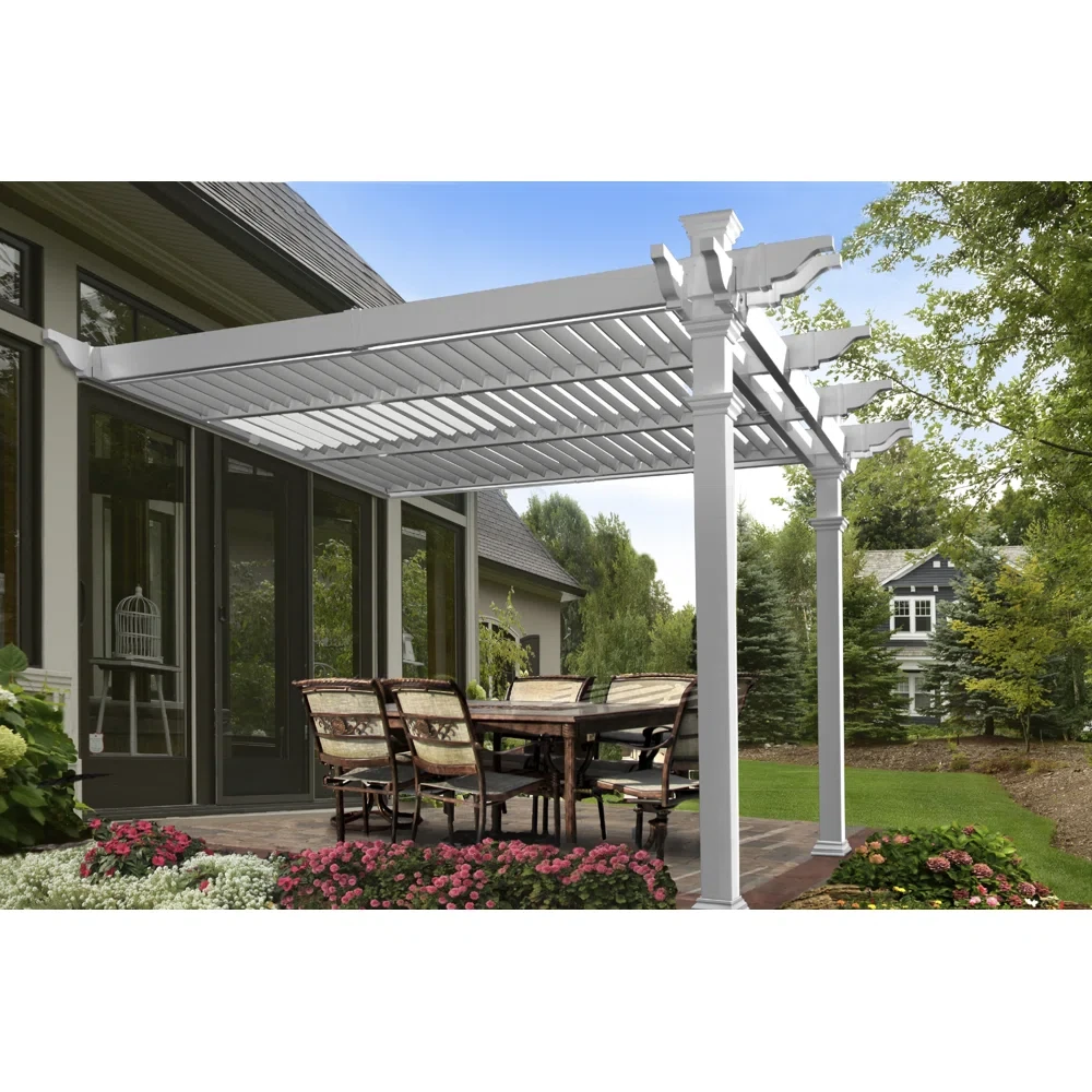 104"H x 141"W x 144"L Vinyl Elysium Attached Louvered Pergola