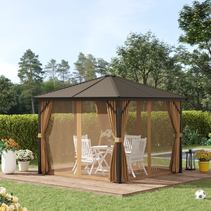 Outsunny 10' X 10' Steel Hardtop Gazebo Garden Sun Shelter With Mosquito Netting And Curtains Hanging Hook Aluminum Frame Brown