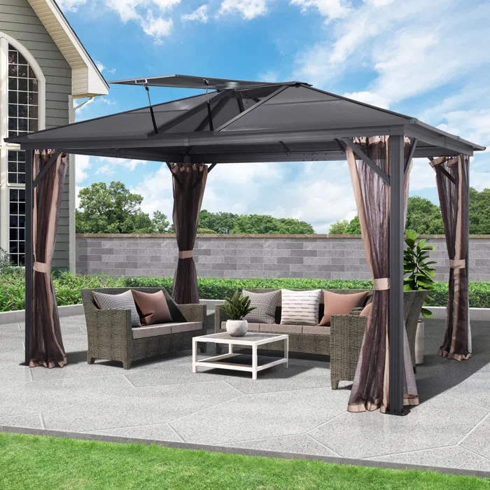 141.72" W x 167.28" D Aluminum Patio Gazebo with Breathable Netting & Polycarbonate Skylight