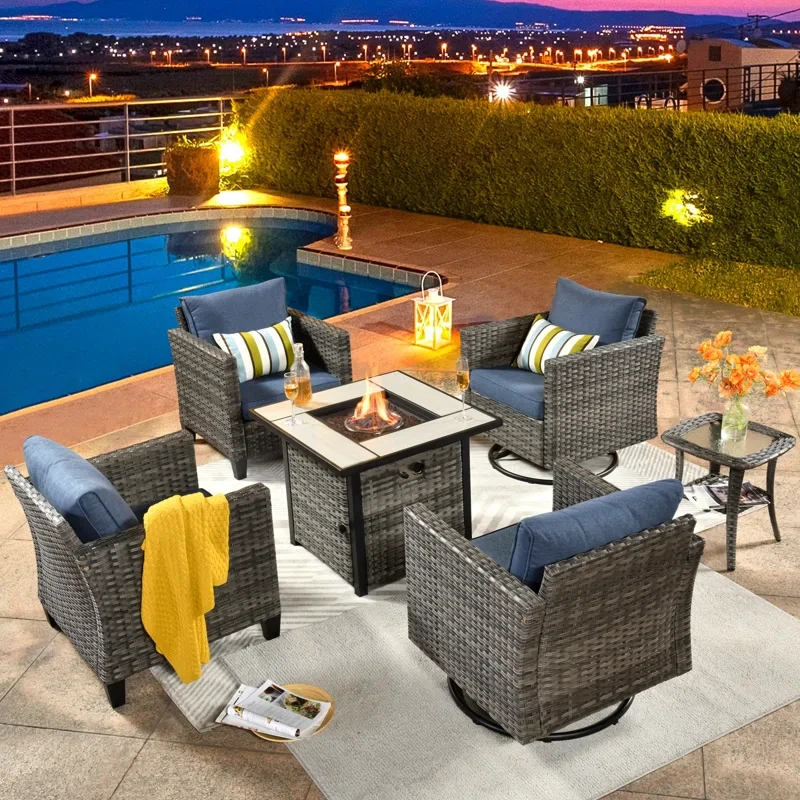 6 Piece Wicker/Rattan Patio Seating Group With Cushions (Fire Pit And Swivel Rocking Chairs Included)