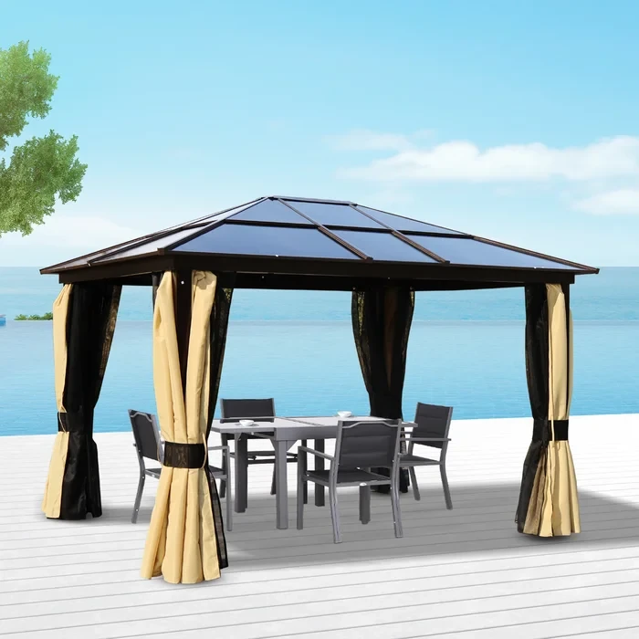 Outsunny 10 X 12Ft Garden Outdoor Aluminium Gazebo Hardtop With LED Solar Light Canopy Marquee Party Tent Shelter With Mesh Curtains & Side Walls