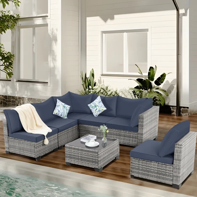 Lyrissa 7 Pieces Patio Outdoor Modular Sectional Couch Furniture Wicker Rattan Conversation Sofa Sets with Coffee Table