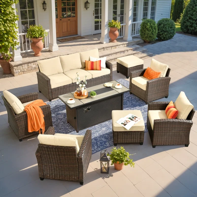 Patio Furniture Set With Firepit Table, 8 Pieces Outdoor Wicker Rattan Sofa Couch With 4 Chairs, Ottomans And Comfy Cushions, All Weather High Back Conversation Set Garden Backyard