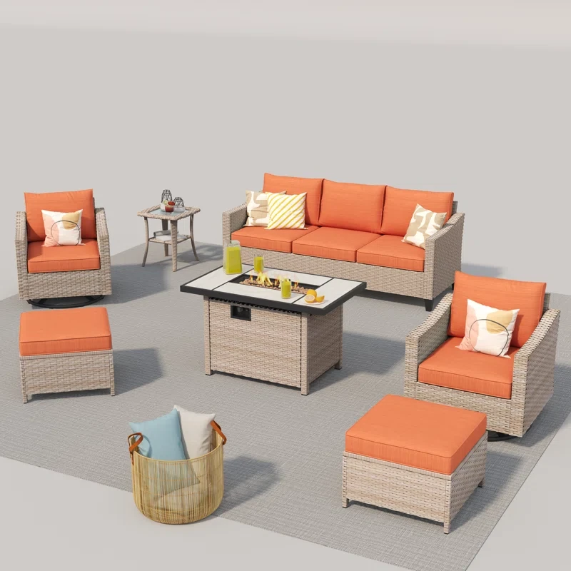 Quantrel 9 Piece Rattan Sofa Seating Group with Cushions & Firepit