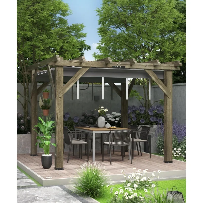 10 X 10 Ft Wood Pergola With Retractable Sunshade Canopy, Solid Structure